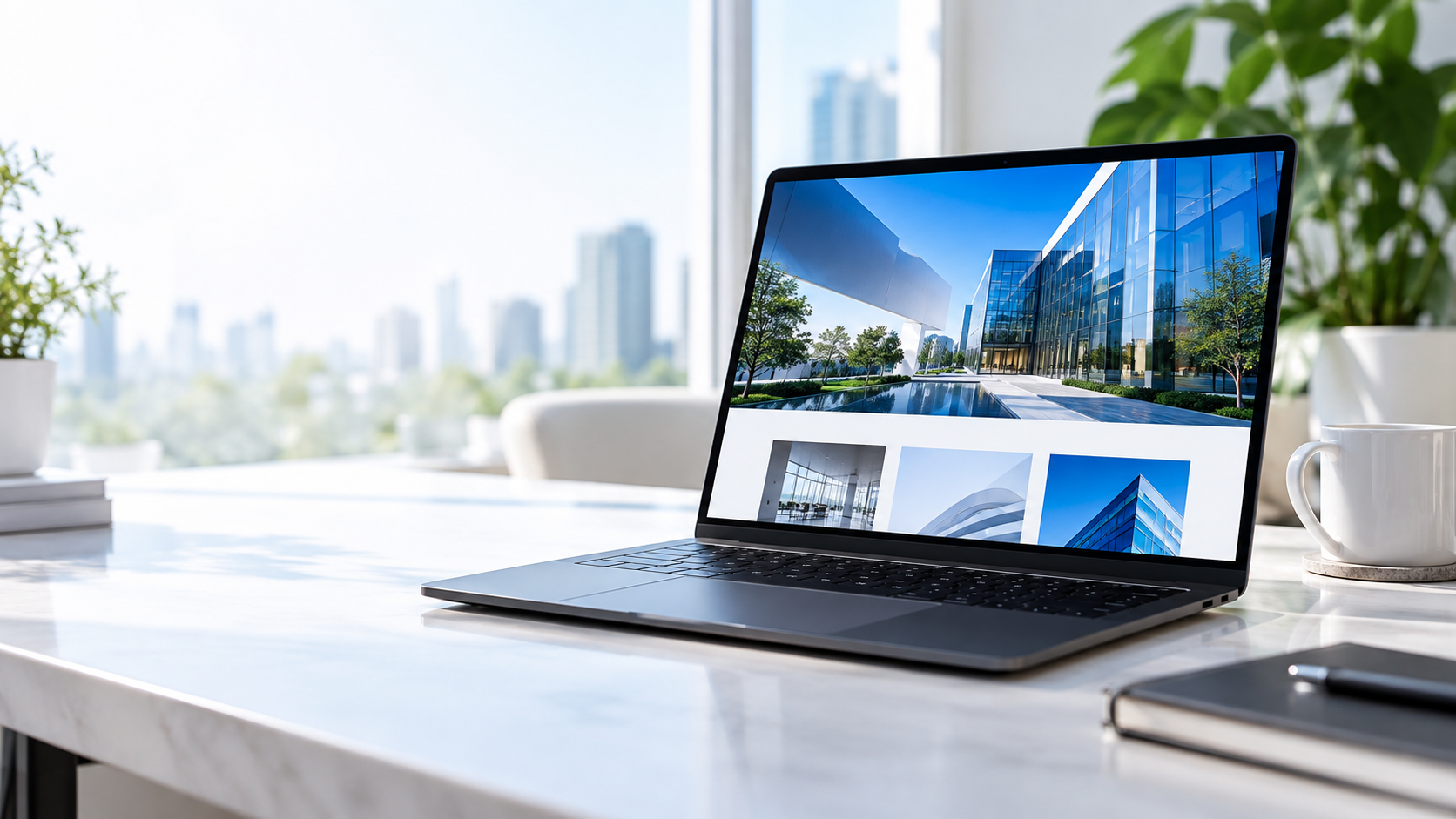 Notebook em uma mesa de trabalho exibindo um projeto de site corporativo